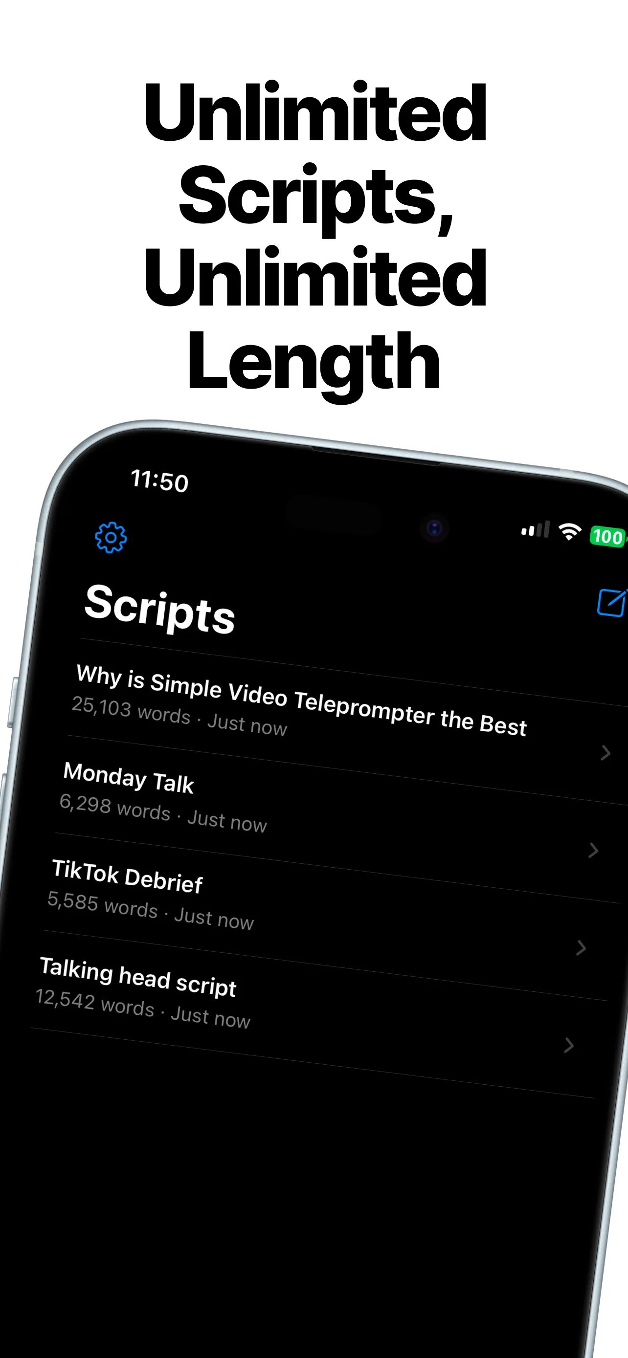 Unlimited Scripts, Unlimited Length - the script library, listing saved scripts with their word counts.