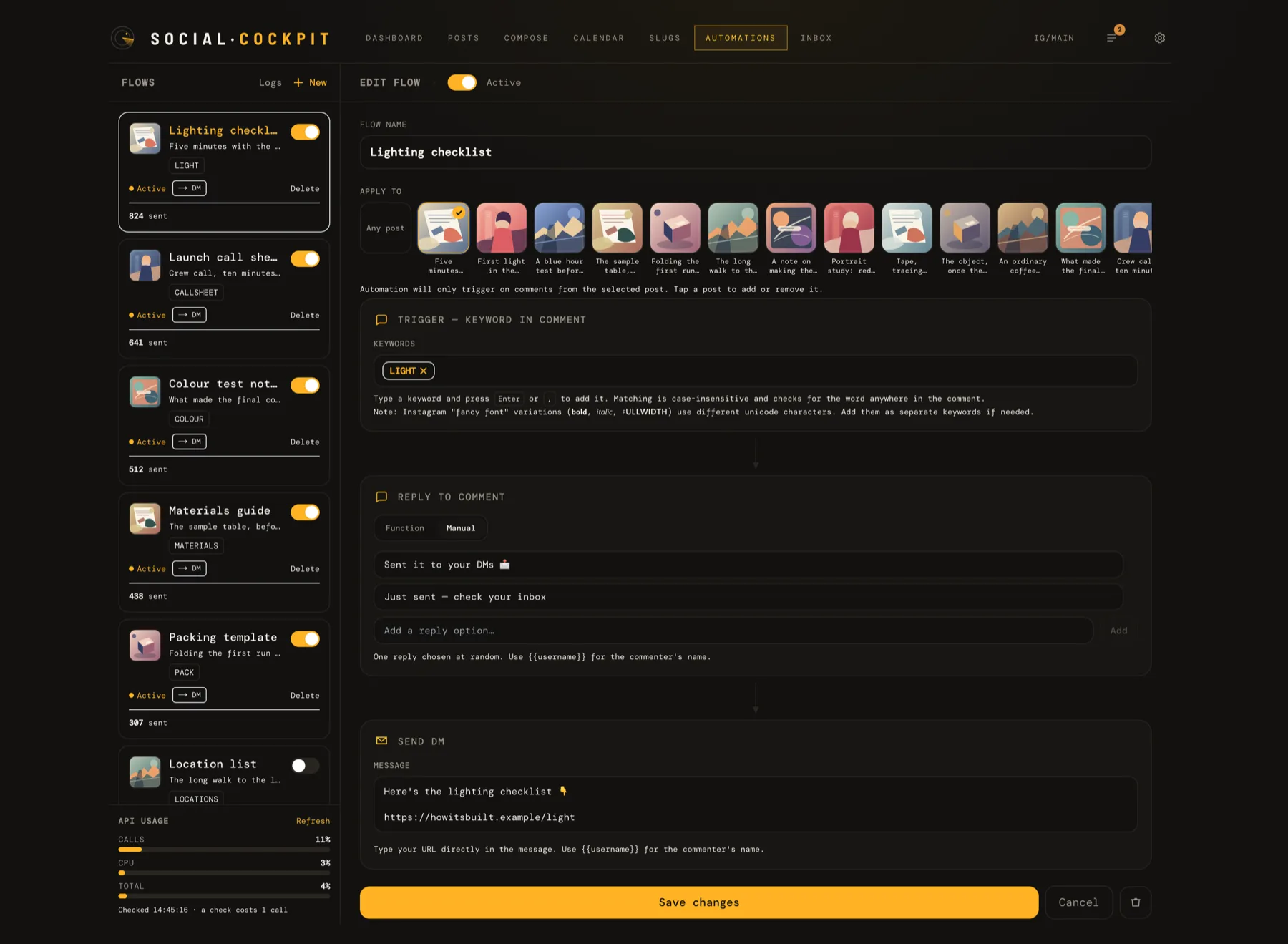 Social Cockpit's automation builder: engagement flows with sent counts on the left, and on the right one flow opened - keyword trigger, comment replies, the DM it sends - with an API-usage meter below.